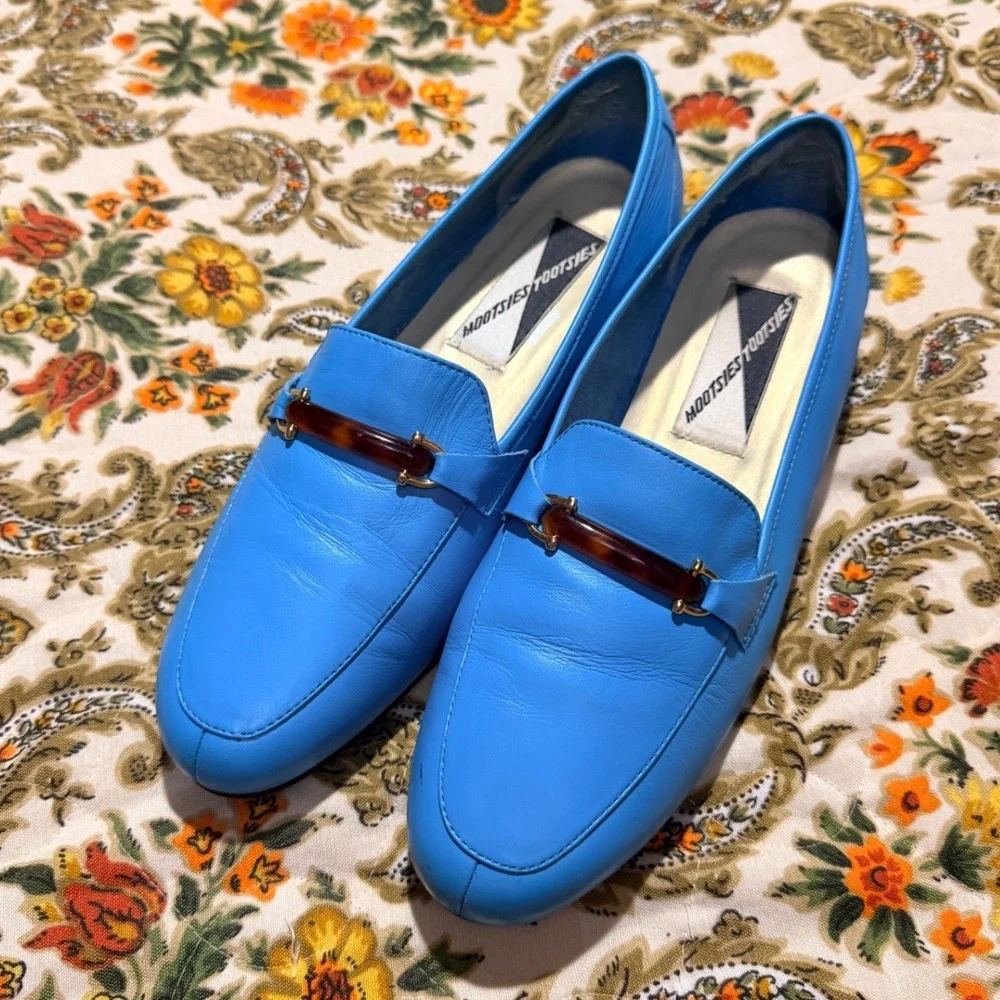 Mootsies Tootsies vintage Blue Leather Loafers Tortoiseshell Bar Flats 10M